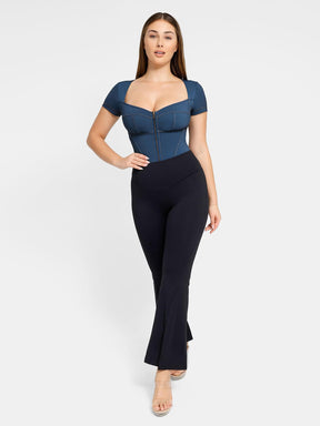 Shapewear Denim Short Sleeve Zip Front Slimming Bodysuit