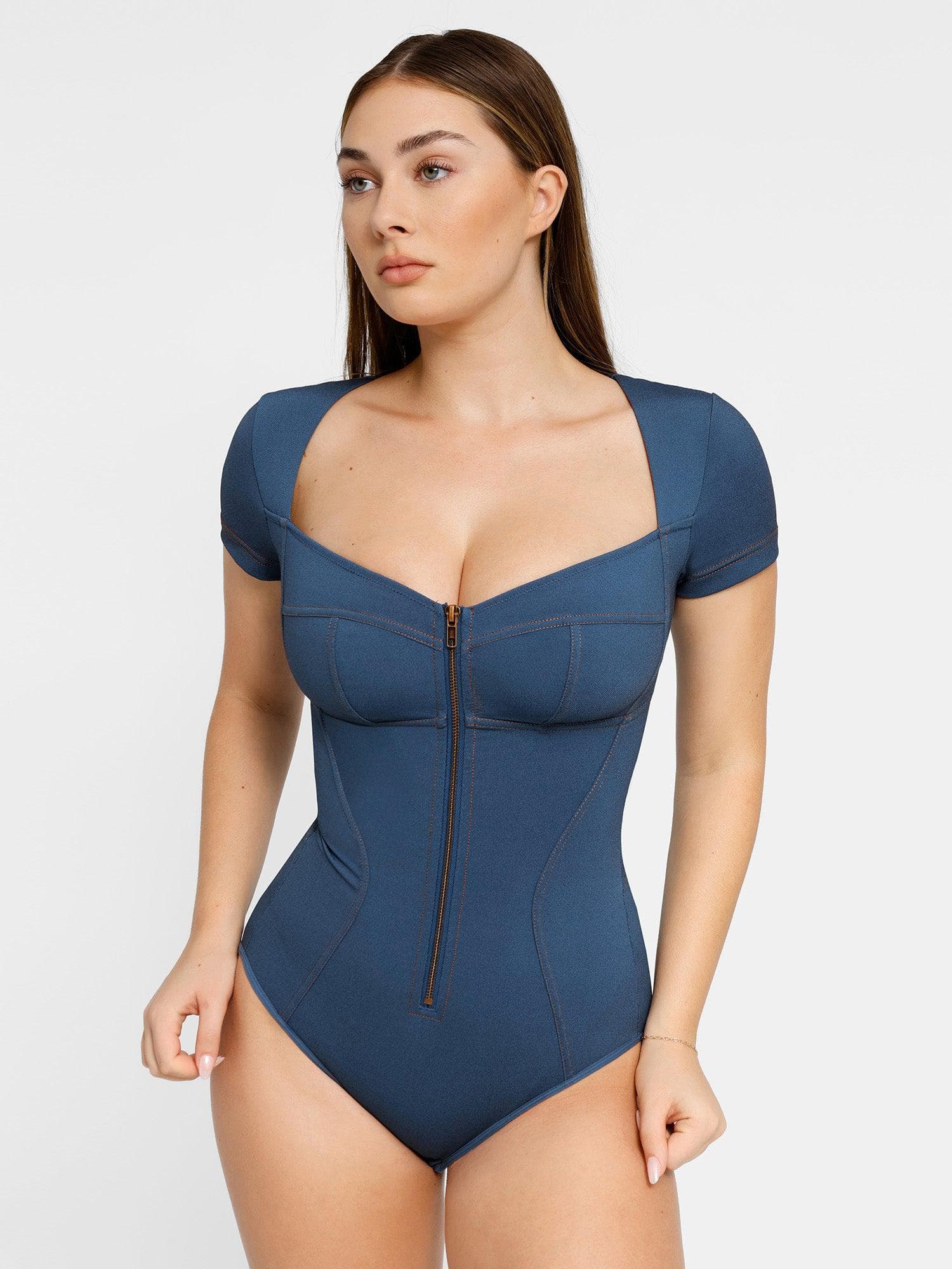 Shapewear Denim Short Sleeve Zip Front Slimming Bodysuit